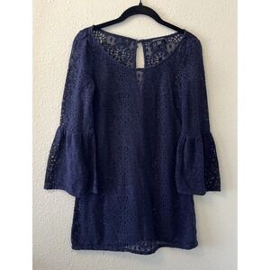 American Eagle Mini Dress Size XXS Crochet Navy Blue Bell Sleeve Keyhole Back